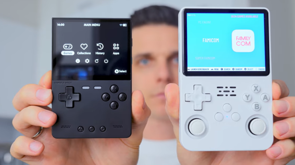 Black TrimUI Brick compared with a larger white vertical retro handheld.