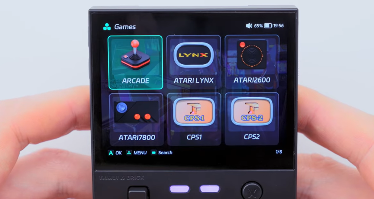 TrimUI Brick menu showing arcade, Atari, CPS1 and CPS2 game system categories.