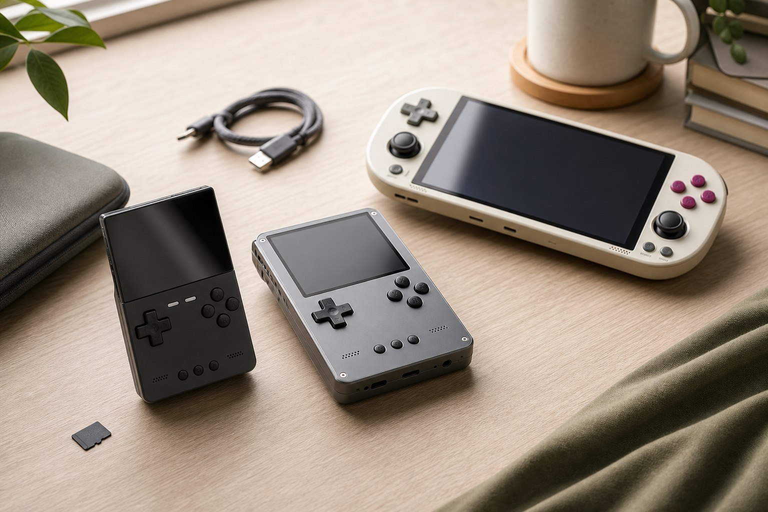 Original editorial image comparing compact and large screen retro handheld consoles on a desk