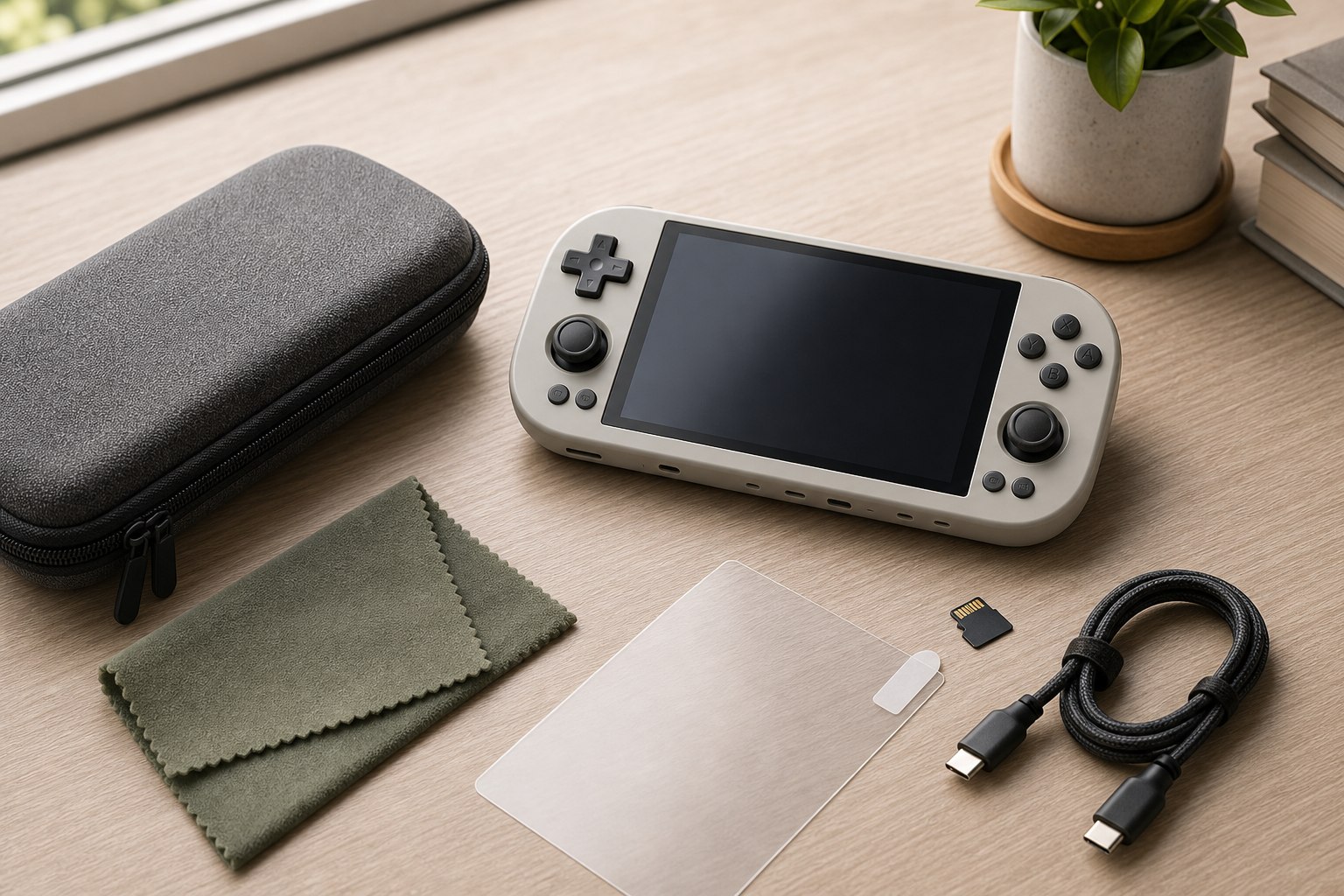 Original realistic product image of a retro handheld console with travel pouch, microfiber cloth, screen protector, USB-C cable, and microSD card
